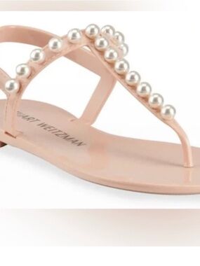 Stuart Weitzman Pearl-Trim Blush Leather Thong Sandal